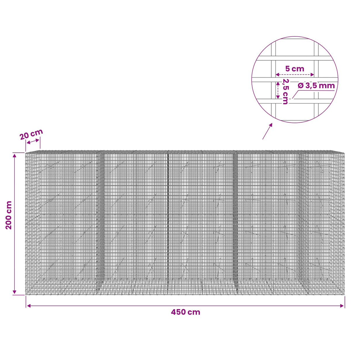 Gabionas su 3,5 mm viela ir 5x2,5 cm tinkleliu 450x20x200 cm