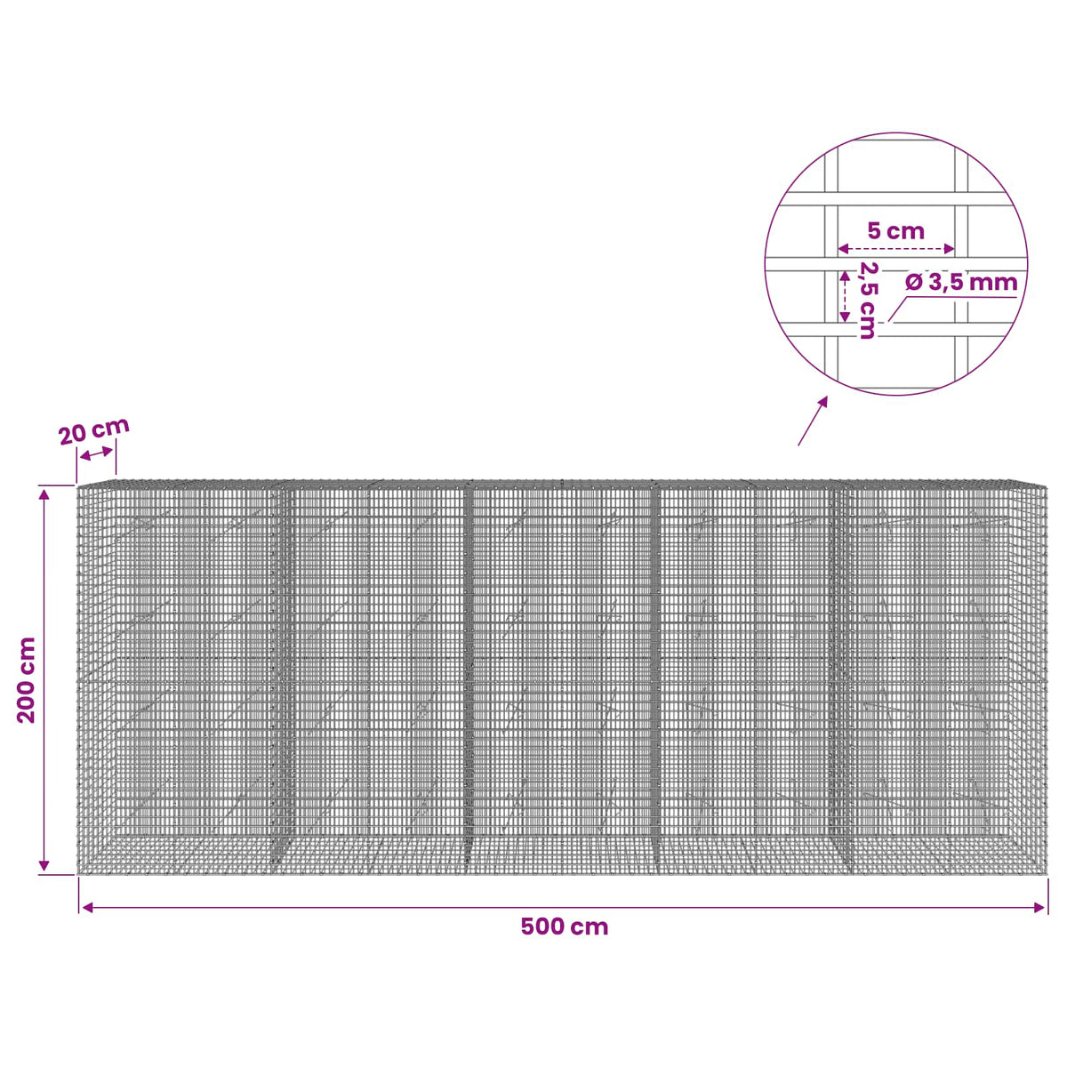 Gabionas su 3,5 mm viela ir 5x2,5 cm tinkleliu 500x20x200 cm