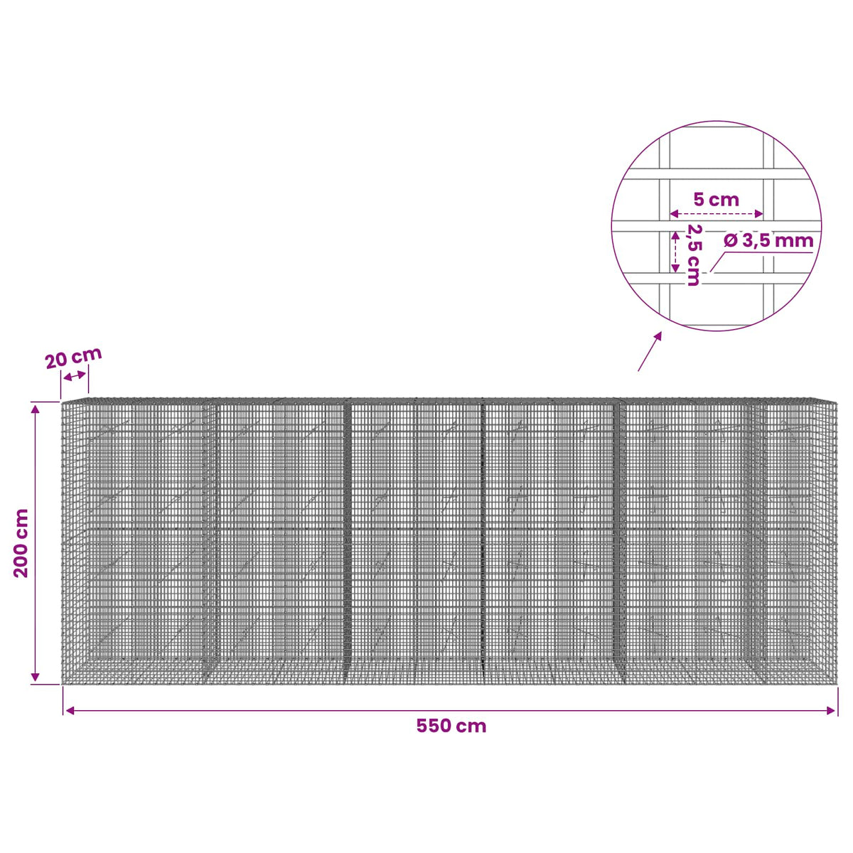 Gabionas su 3,5 mm viela ir 5x2,5 cm tinkleliu 550x20x200 cm