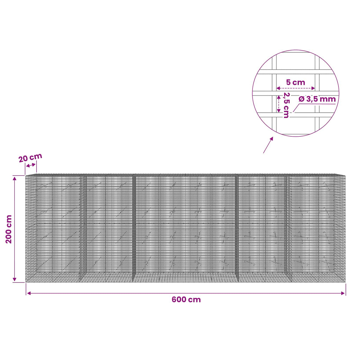 Gabionas su 3,5 mm viela ir 5x2,5 cm tinkleliu 600x20x200 cm