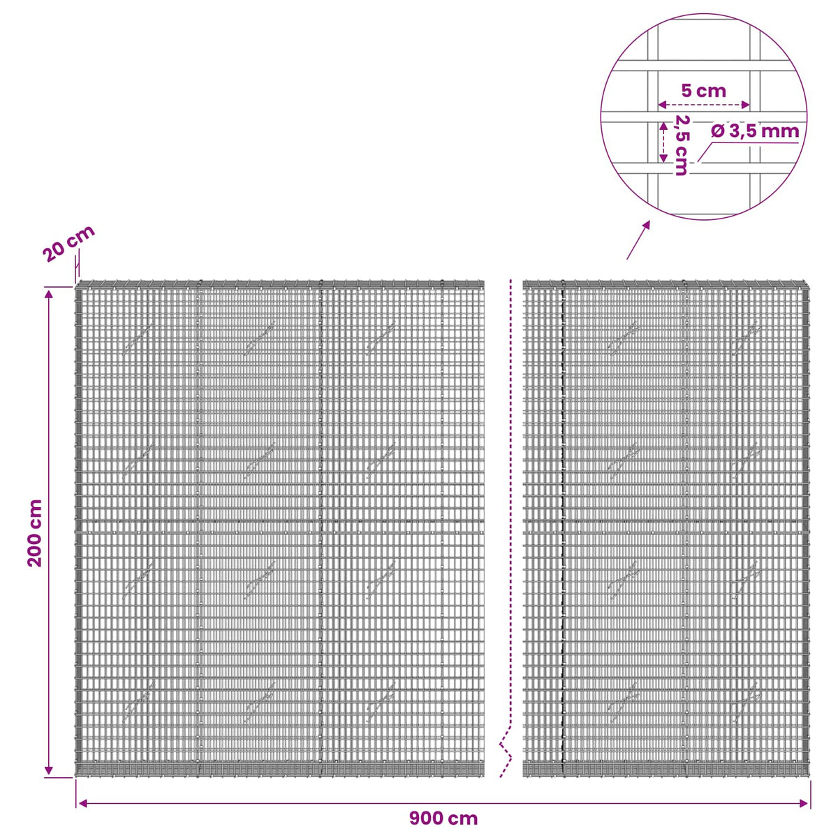 Gabionas su 3,5 mm viela ir 5x2,5 cm tinkleliu 900x20x200 cm