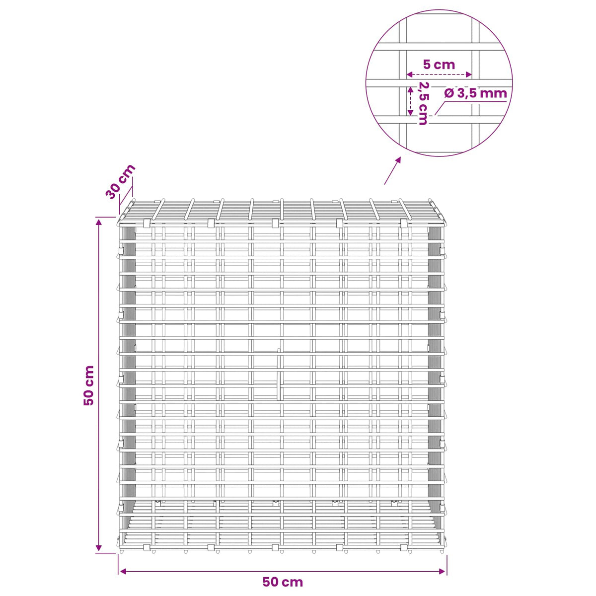 Gabionas su 3,5 mm viela ir 5x2,5 cm tinkleliu 50x30x50 cm