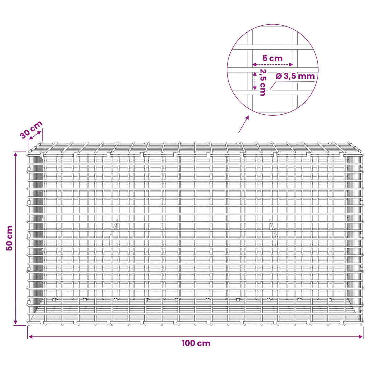 Gabionas su 3,5 mm viela ir 5x2,5 cm tinkleliu 100x30x50 cm