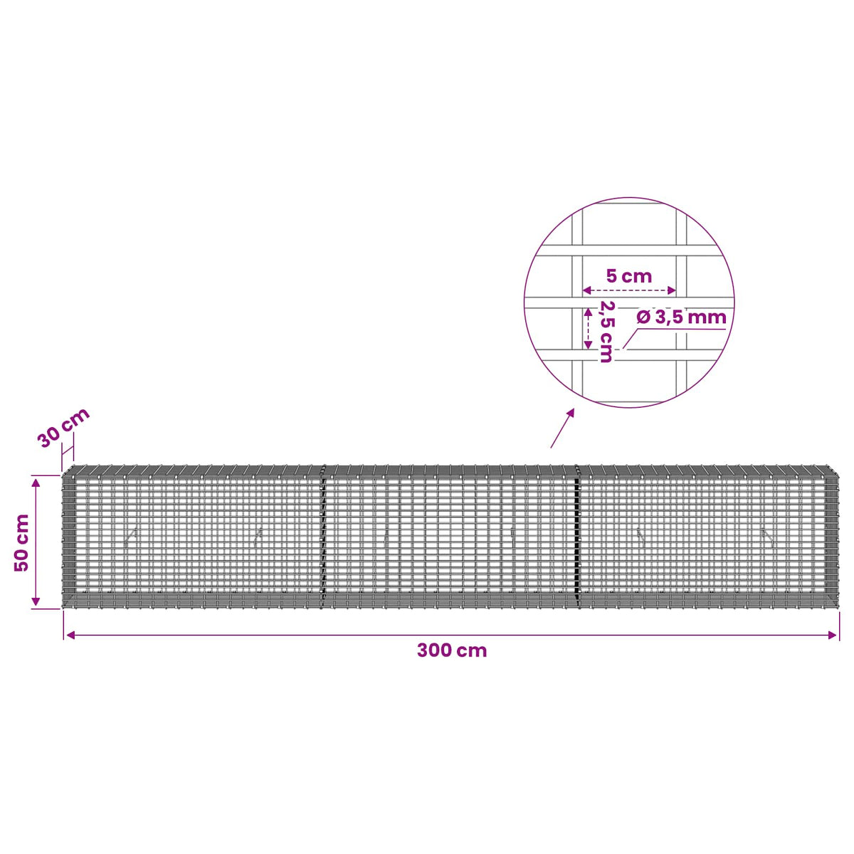 Gabionas su 3,5 mm viela ir 5x2,5 cm tinkleliu 300x30x50 cm