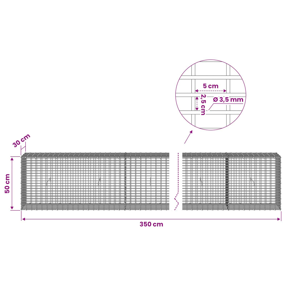 Gabionas su 3,5 mm viela ir 5x2,5 cm tinkleliu 350x30x50 cm