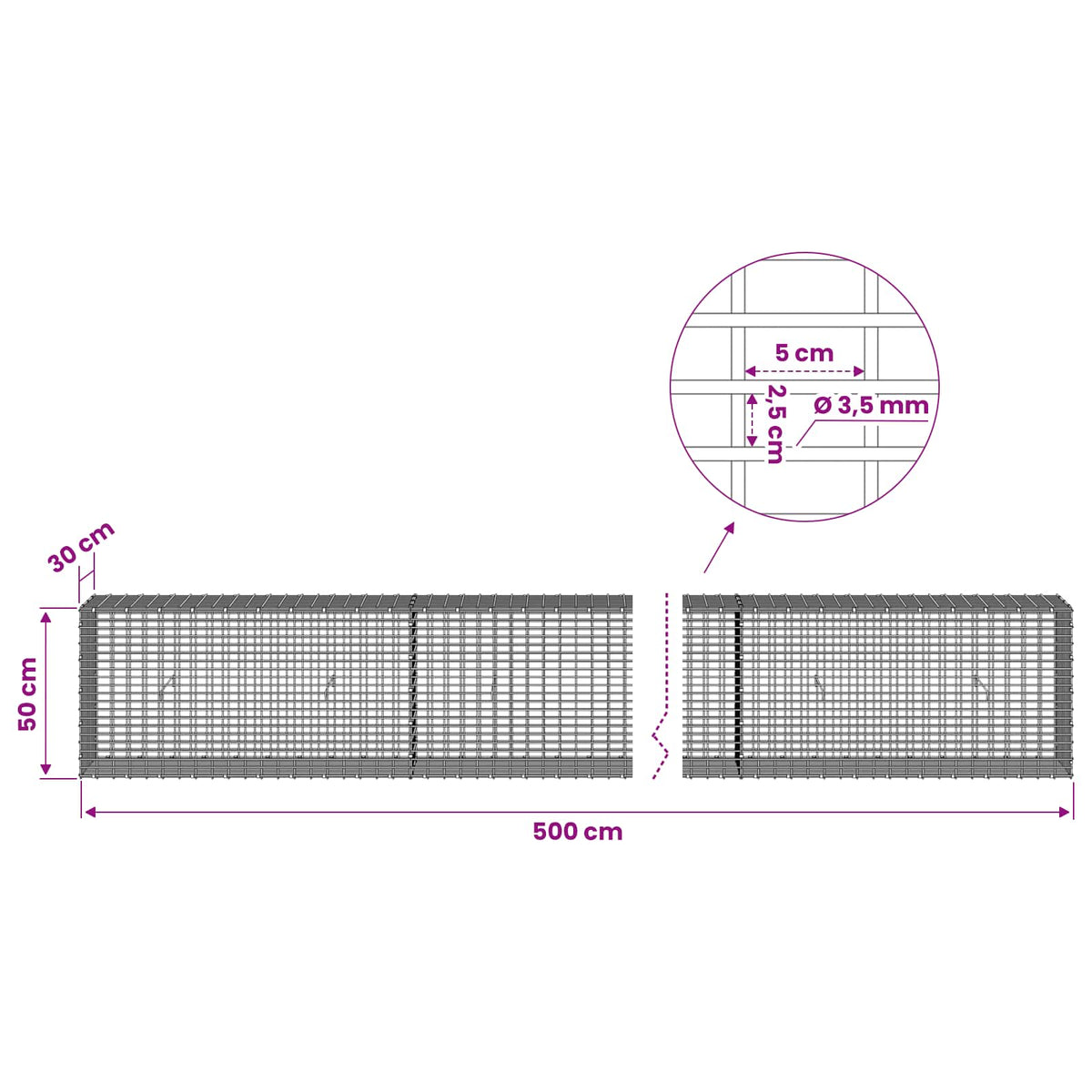 Gabionas su 3,5 mm viela ir 5x2,5 cm tinkleliu 500x30x50 cm