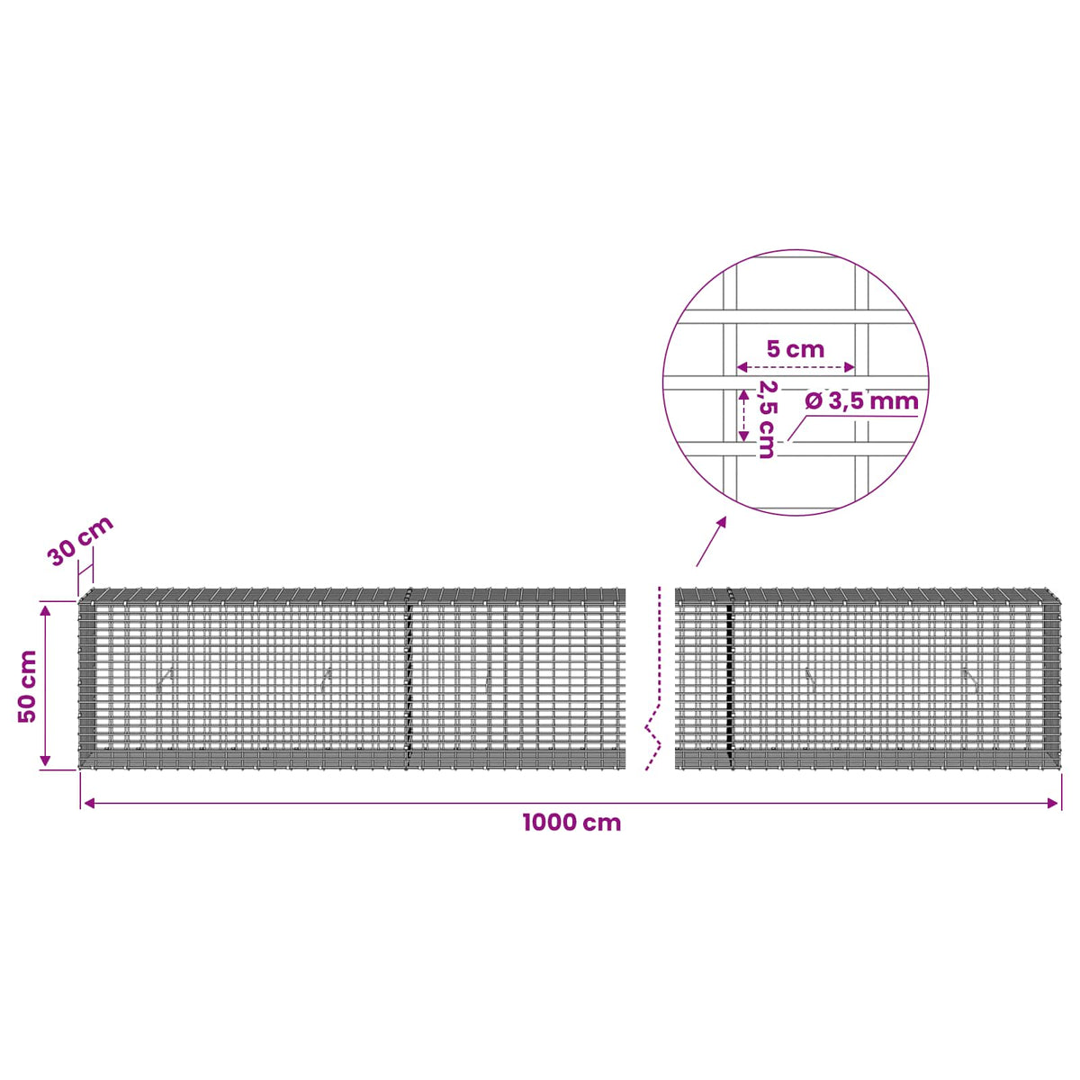 Gabionas su 3,5 mm viela ir 5x2,5 cm tinkleliu 1000x30x50 cm