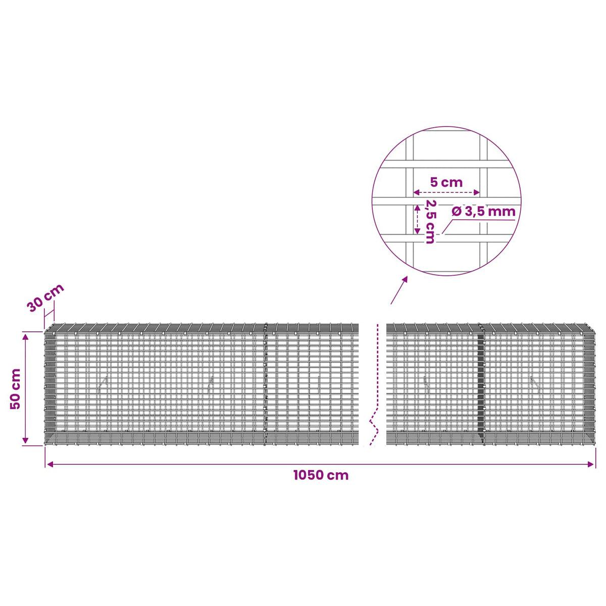 Gabionas su 3,5 mm viela ir 5x2,5 cm tinkleliu 1050x30x50 cm