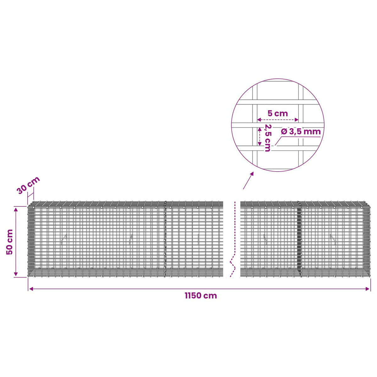 Gabionas su 3,5 mm viela ir 5x2,5 cm tinkleliu 1150x30x50 cm