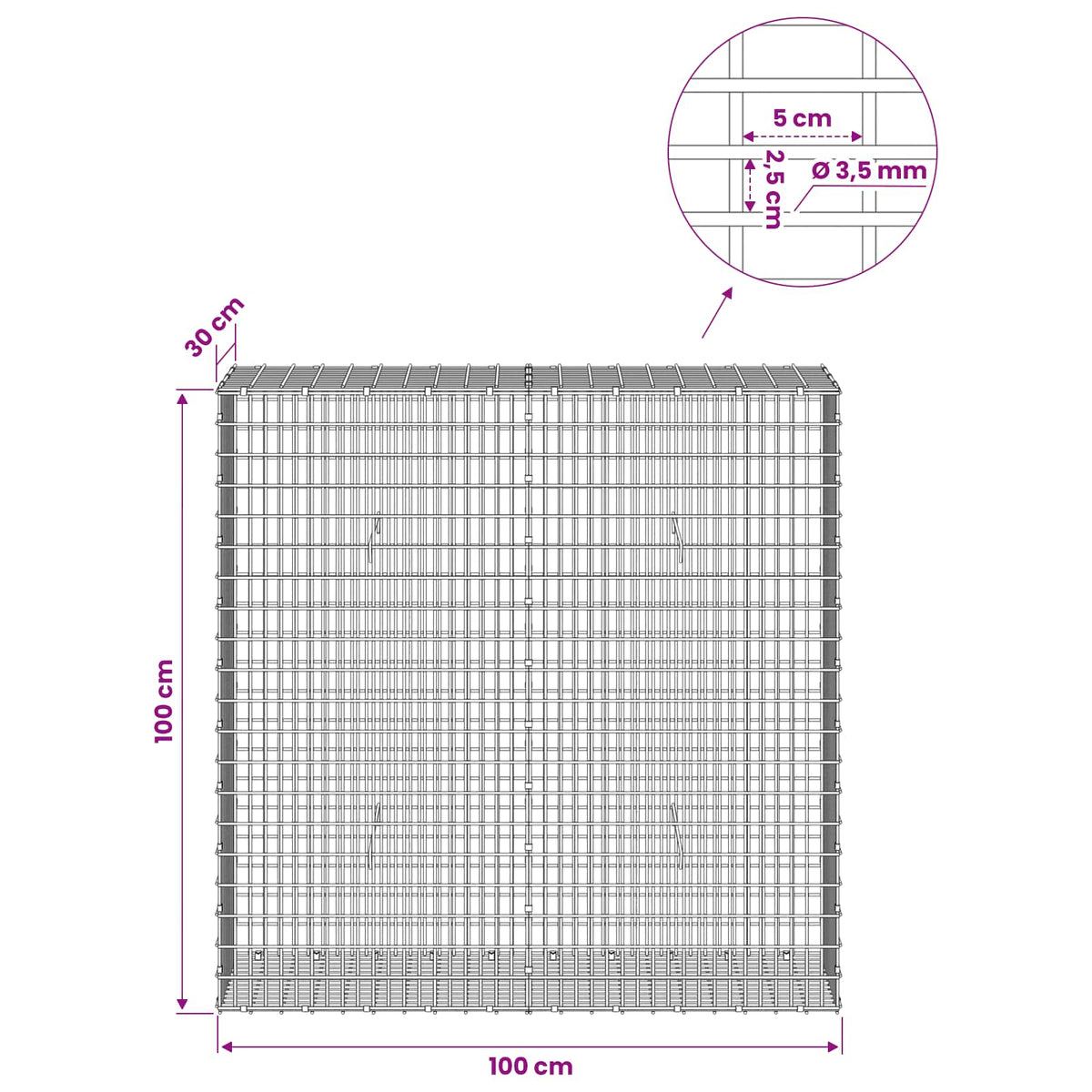 Gabionas su 3,5 mm viela ir 5x2,5 cm tinkleliu 100x30x100 cm