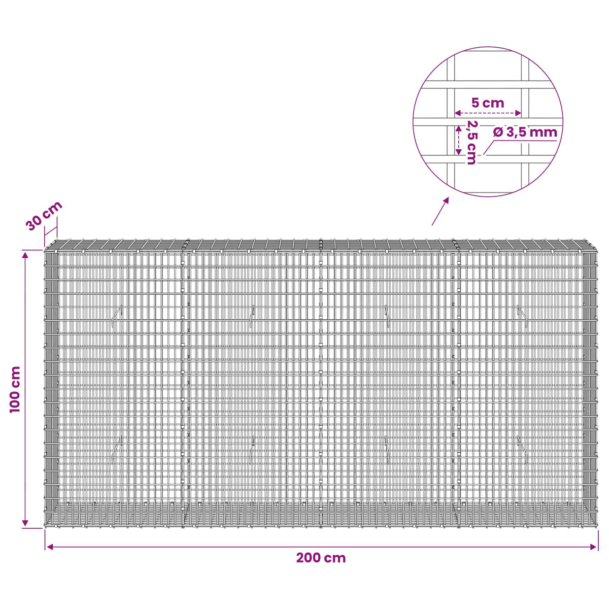 Gabionas su 3,5 mm viela ir 5x2,5 cm tinkleliu 200x30x100 cm