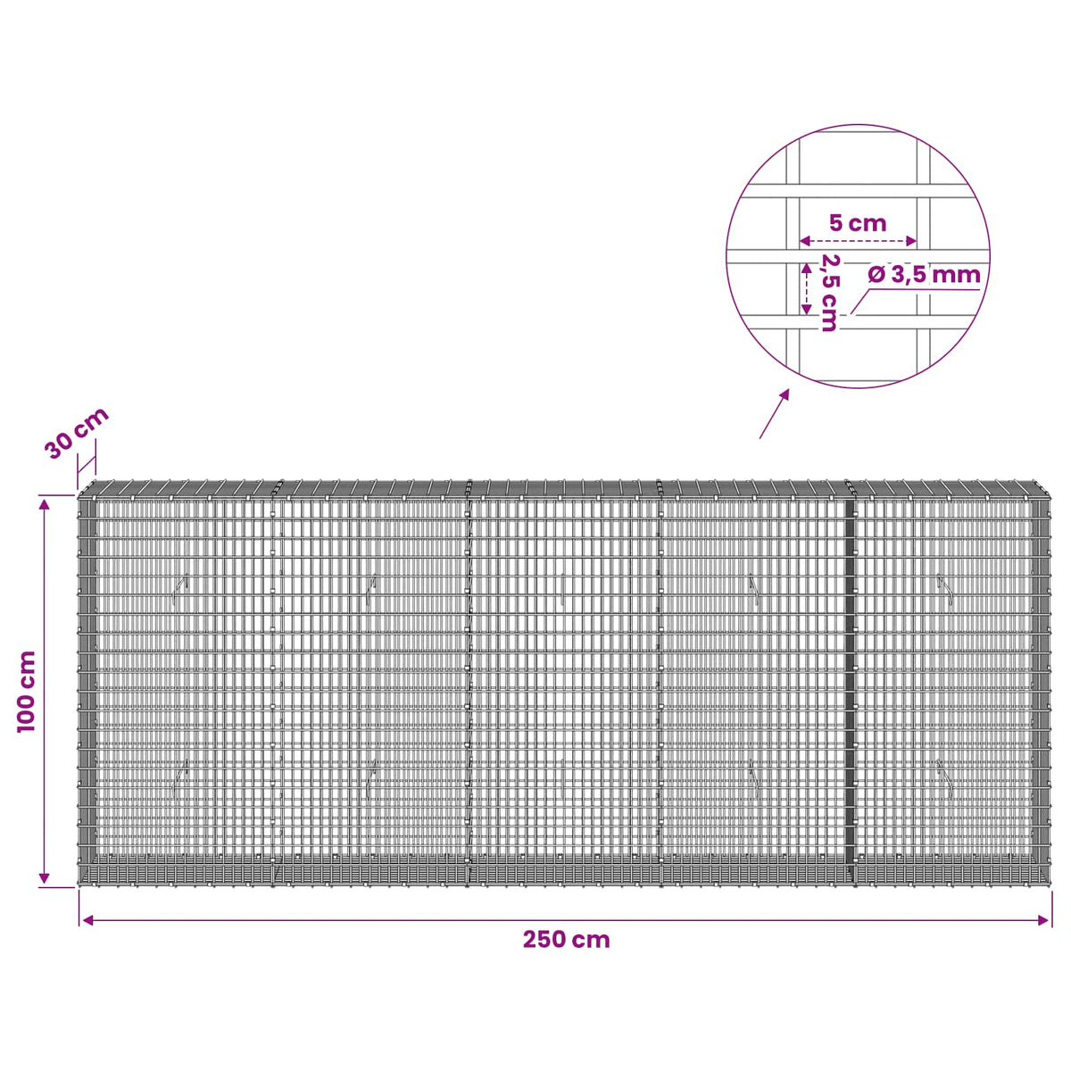 Gabionas su 3,5 mm viela ir 5x2,5 cm tinkleliu 250x30x100 cm
