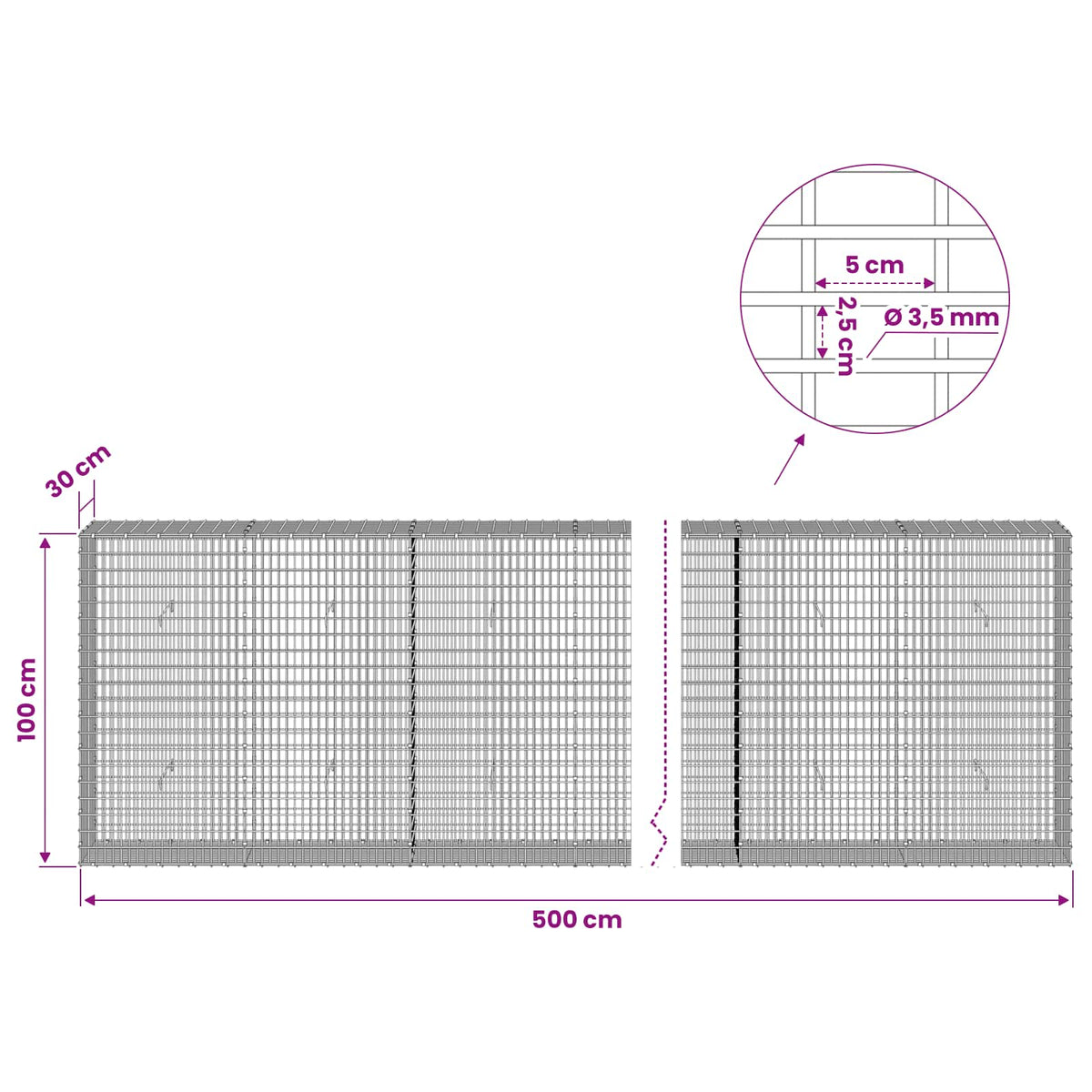 Gabionas su 3,5 mm viela ir 5x2,5 cm tinkleliu 500x30x100 cm