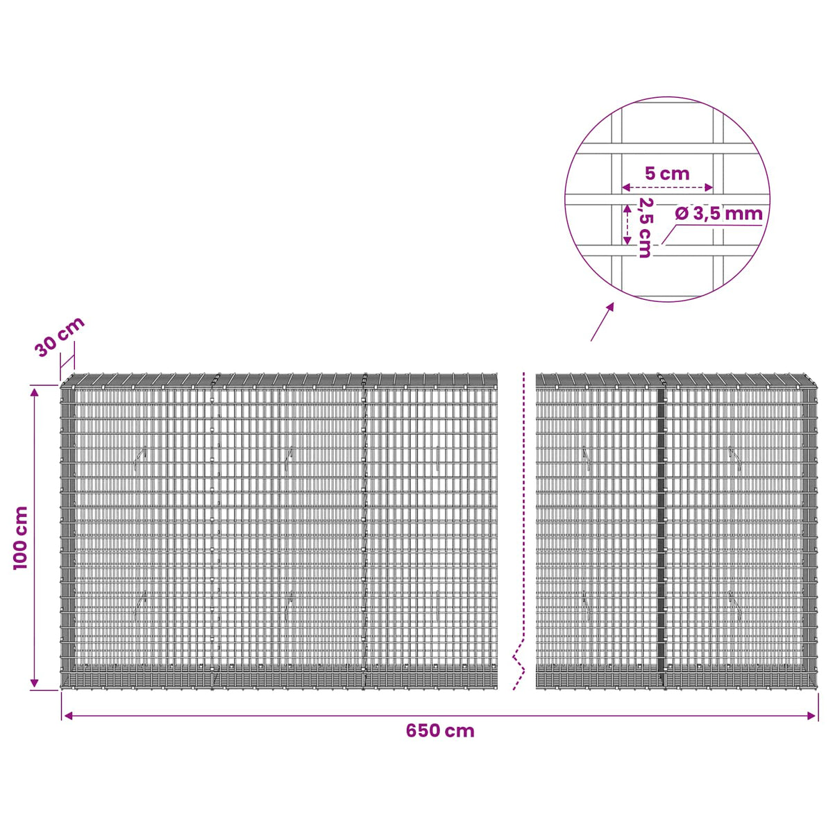 Gabionas su 3,5 mm viela ir 5x2,5 cm tinkleliu 650x30x100 cm