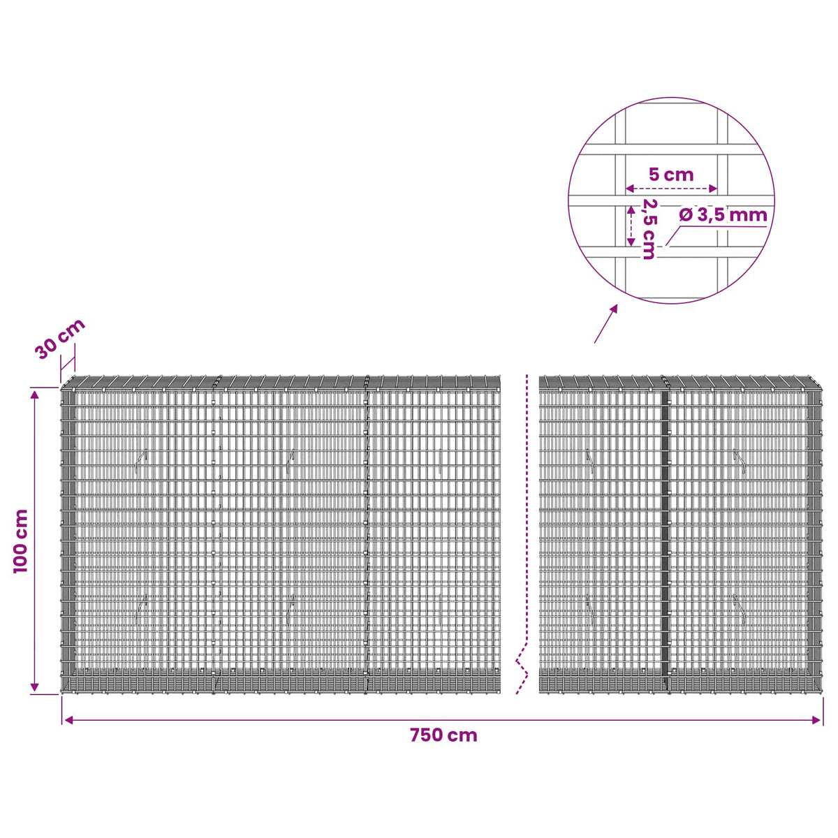 Gabionas su 3,5 mm viela ir 5x2,5 cm tinkleliu 750x30x100 cm