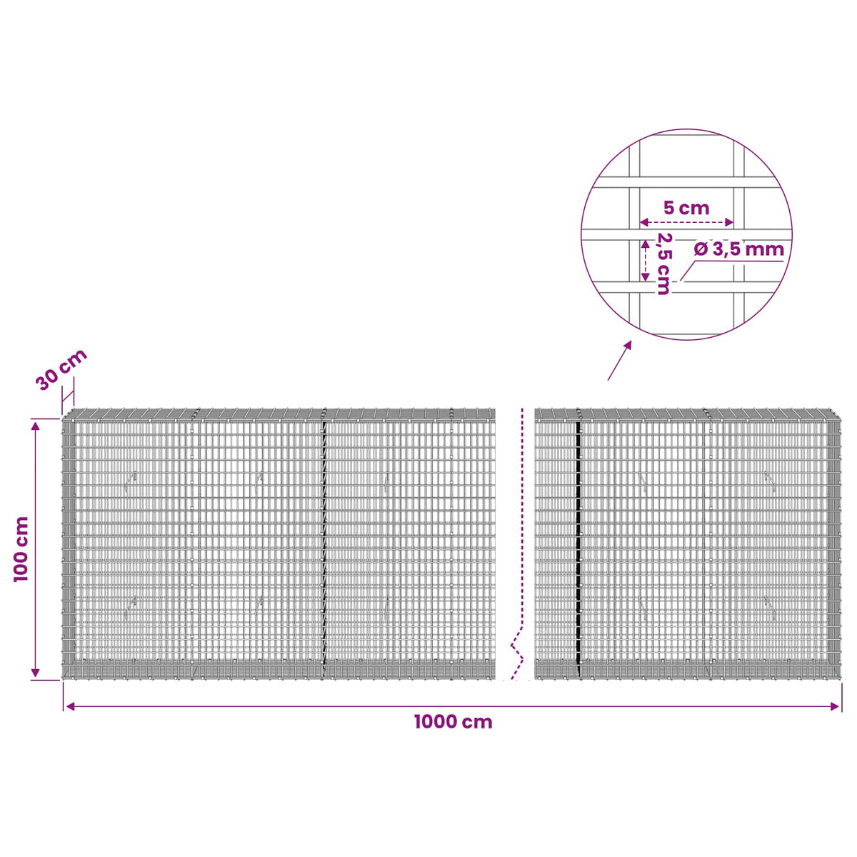 Gabionas su 3,5 mm viela ir 5x2,5 cm tinkleliu 1000x30x100 cm