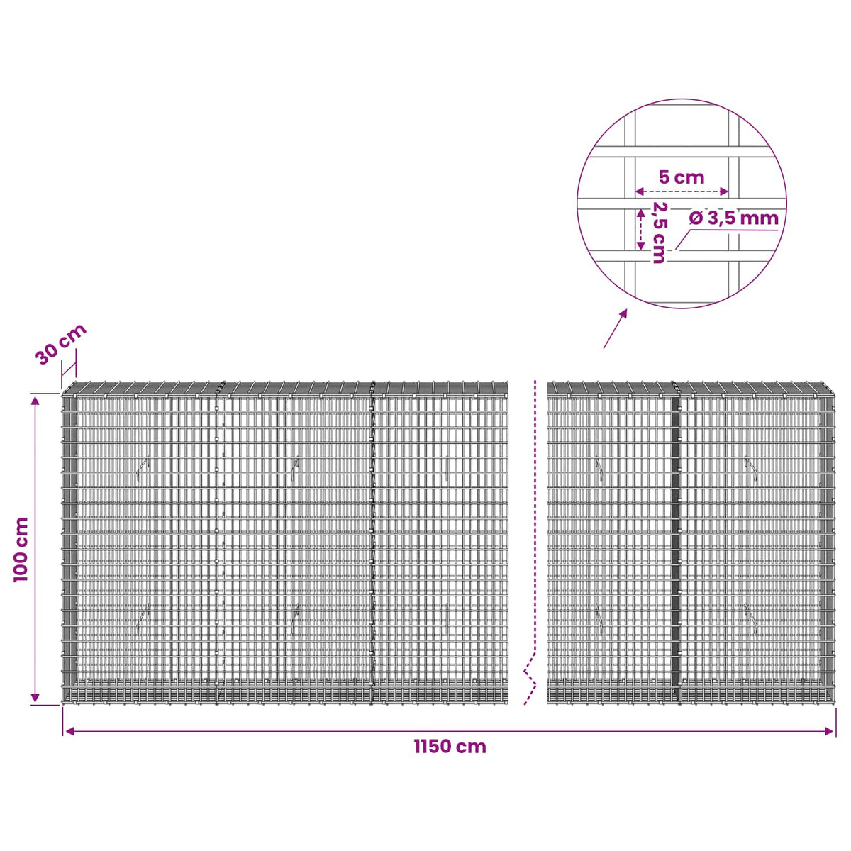 Gabionas su 3,5 mm viela ir 5x2,5 cm tinkleliu 1150x30x100 cm