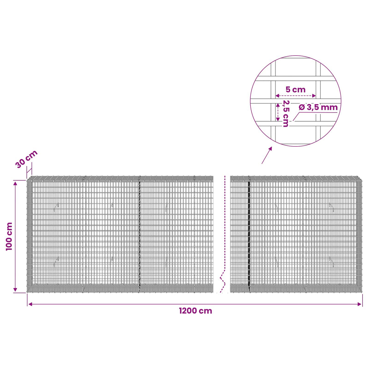 Gabionas su 3,5 mm viela ir 5x2,5 cm tinkleliu 1200x30x100 cm