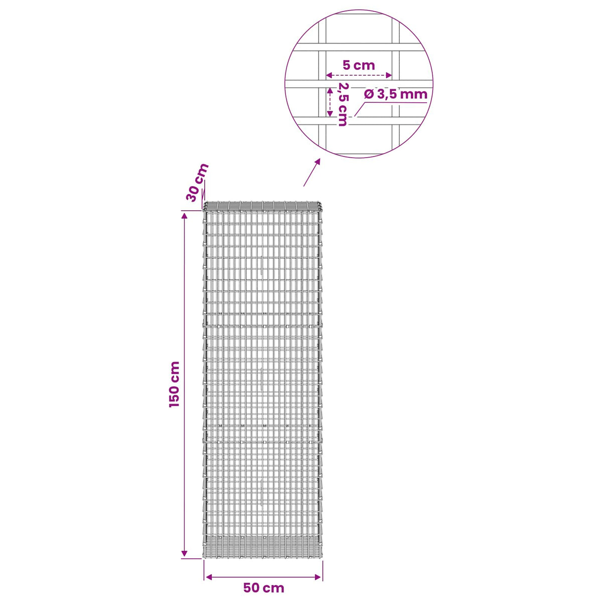 Gabionas su 3,5 mm viela ir 5x2,5 cm tinkleliu 50x30x150 cm