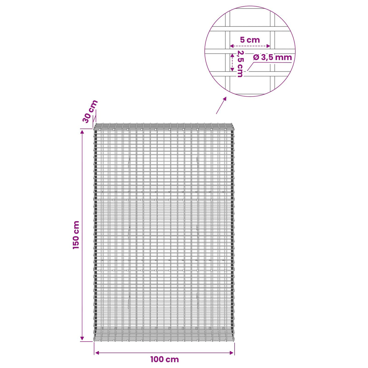 Gabionas su 3,5 mm viela ir 5x2,5 cm tinkleliu 100x30x150 cm