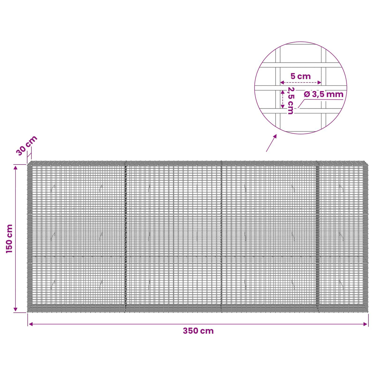 Gabionas su 3,5 mm viela ir 5x2,5 cm tinkleliu 350x30x150 cm