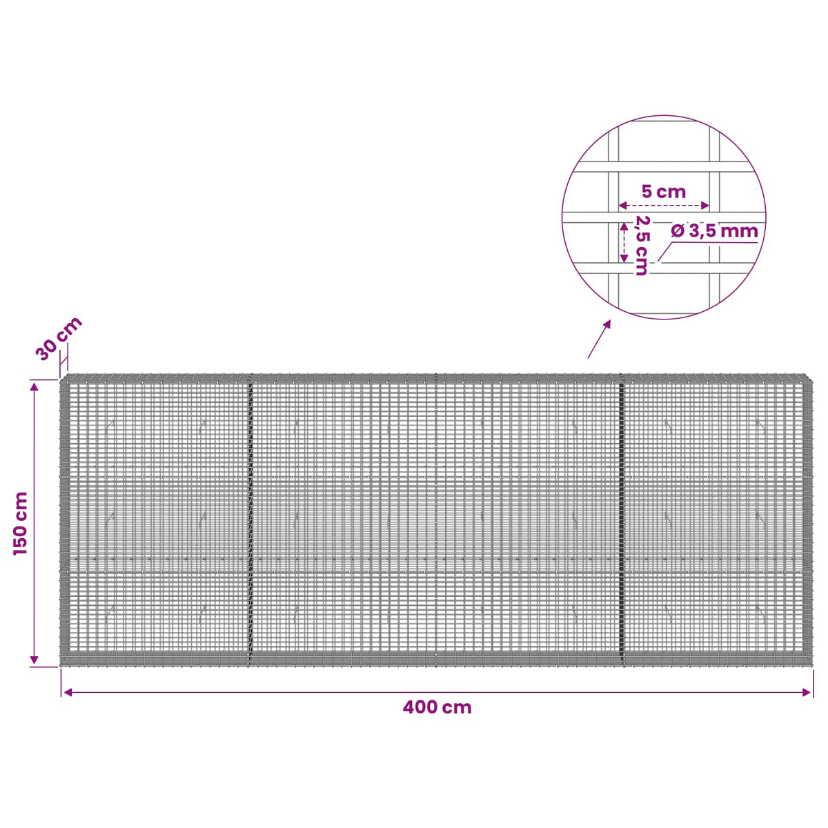 Gabionas su 3,5 mm viela ir 5x2,5 cm tinkleliu 400x30x150 cm