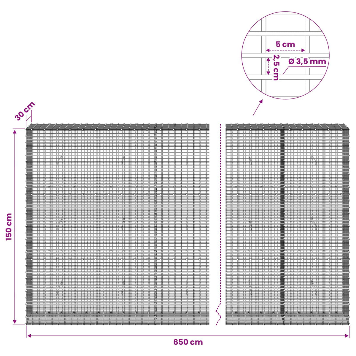 Gabionas su 3,5 mm viela ir 5x2,5 cm tinkleliu 650x30x150 cm