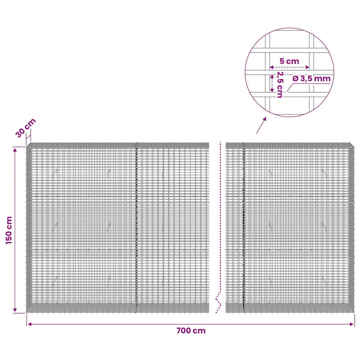 Gabionas su 3,5 mm viela ir 5x2,5 cm tinkleliu 700x30x150 cm
