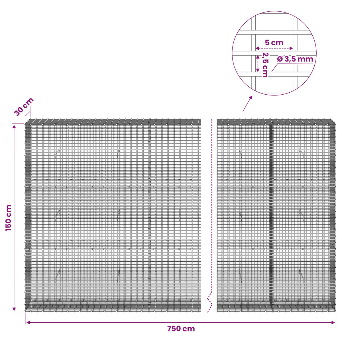 Gabionas su 3,5 mm viela ir 5x2,5 cm tinkleliu 750x30x150 cm