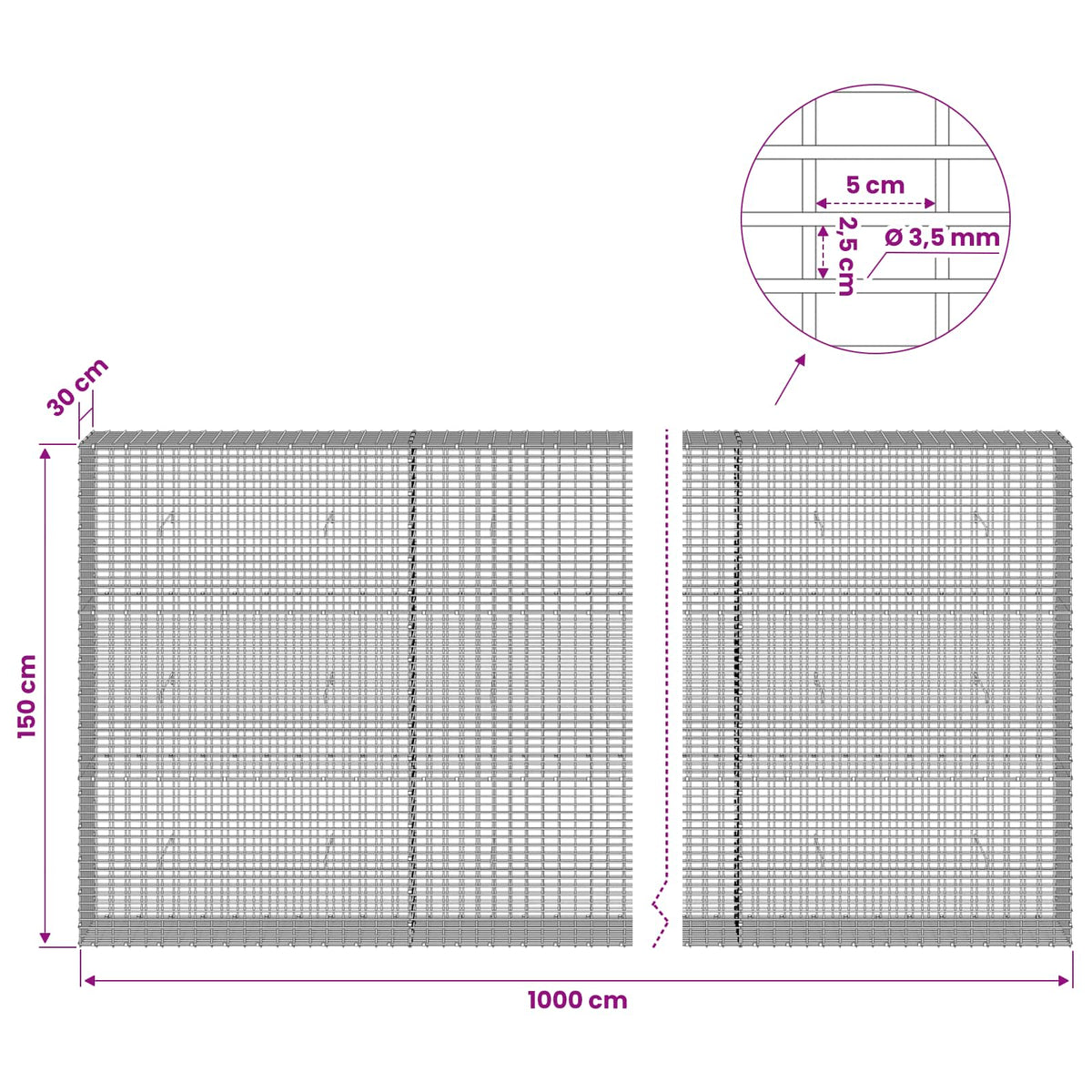 Gabionas su 3,5 mm viela ir 5x2,5 cm tinkleliu 1000x30x150 cm