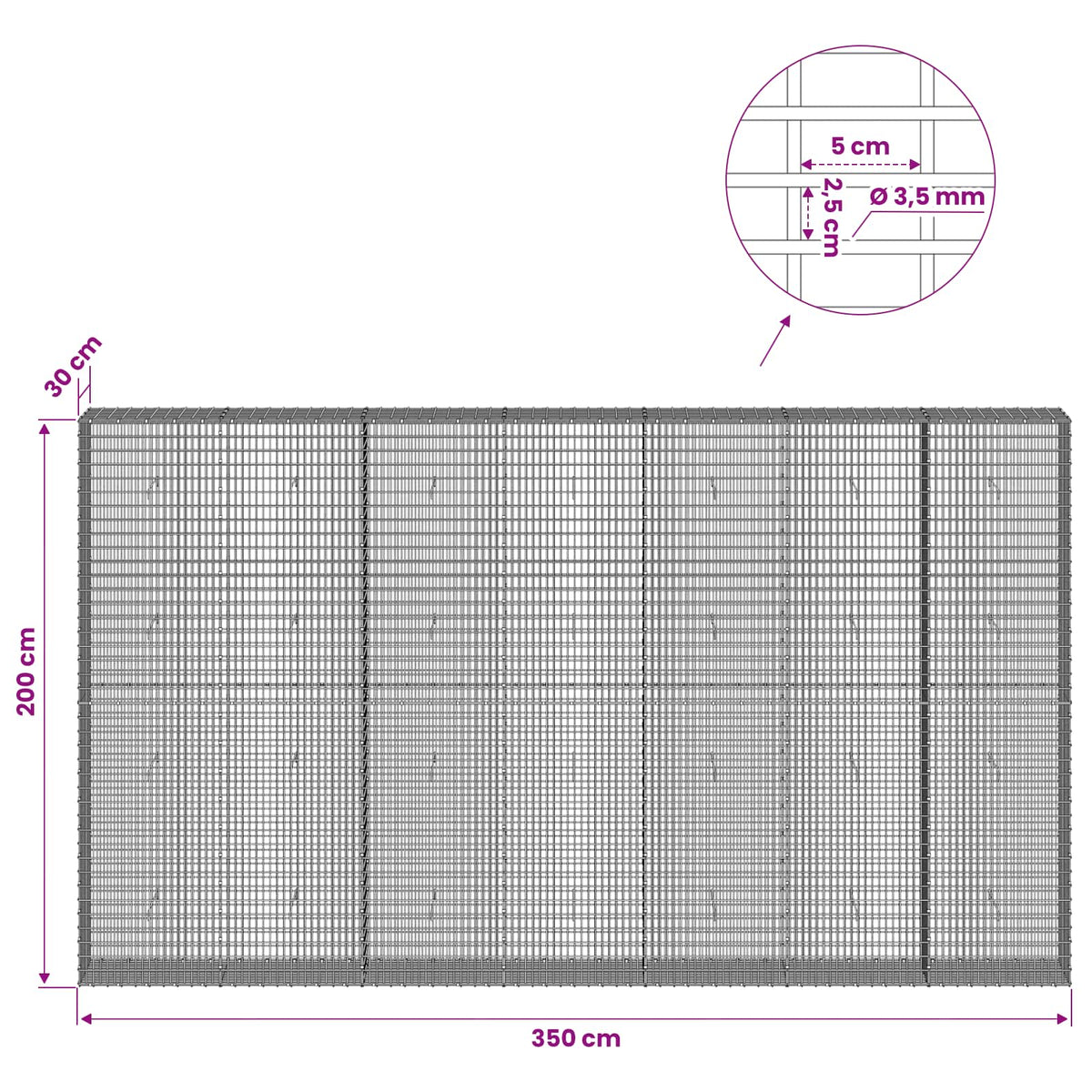 Gabionas su 3,5 mm viela ir 5x2,5 cm tinkleliu 350x30x200 cm