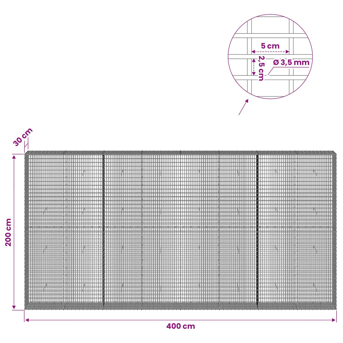 Gabionas su 3,5 mm viela ir 5x2,5 cm tinkleliu 400x30x200 cm