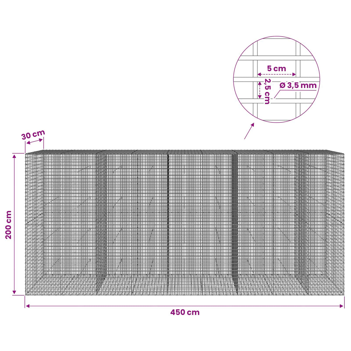 Gabionas su 3,5 mm viela ir 5x2,5 cm tinkleliu 450x30x200 cm