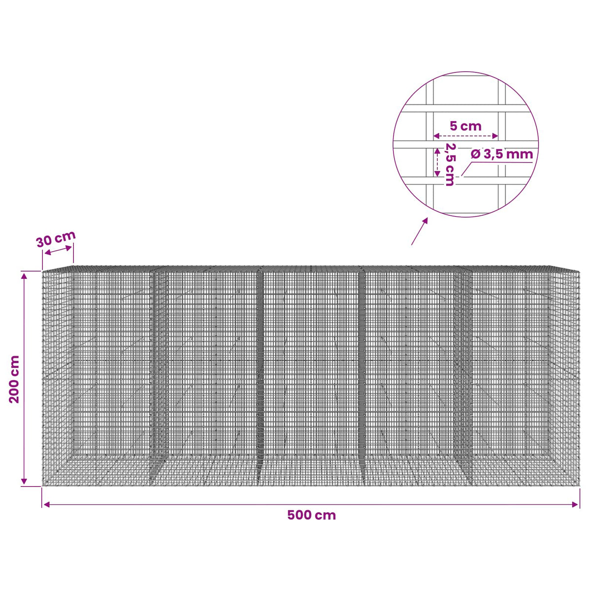 Gabionas su 3,5 mm viela ir 5x2,5 cm tinkleliu 500x30x200 cm