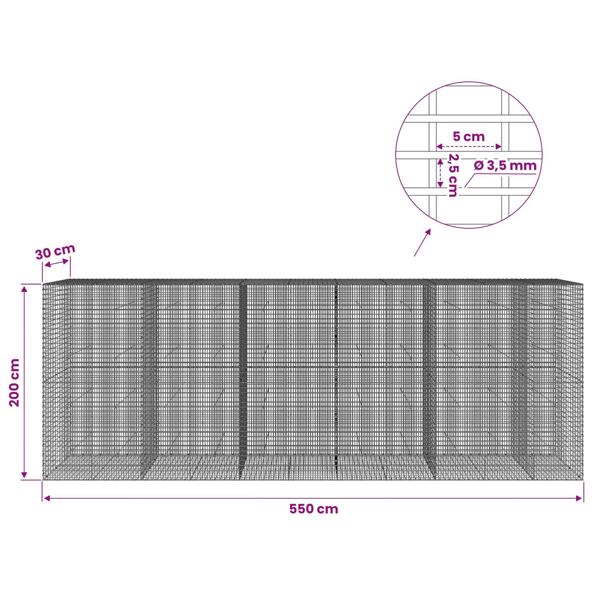 Gabionas su 3,5 mm viela ir 5x2,5 cm tinkleliu 550x30x200 cm