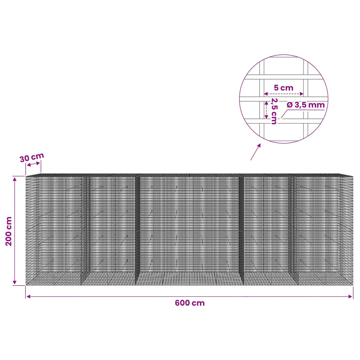 Gabionas su 3,5 mm viela ir 5x2,5 cm tinkleliu 600x30x200 cm