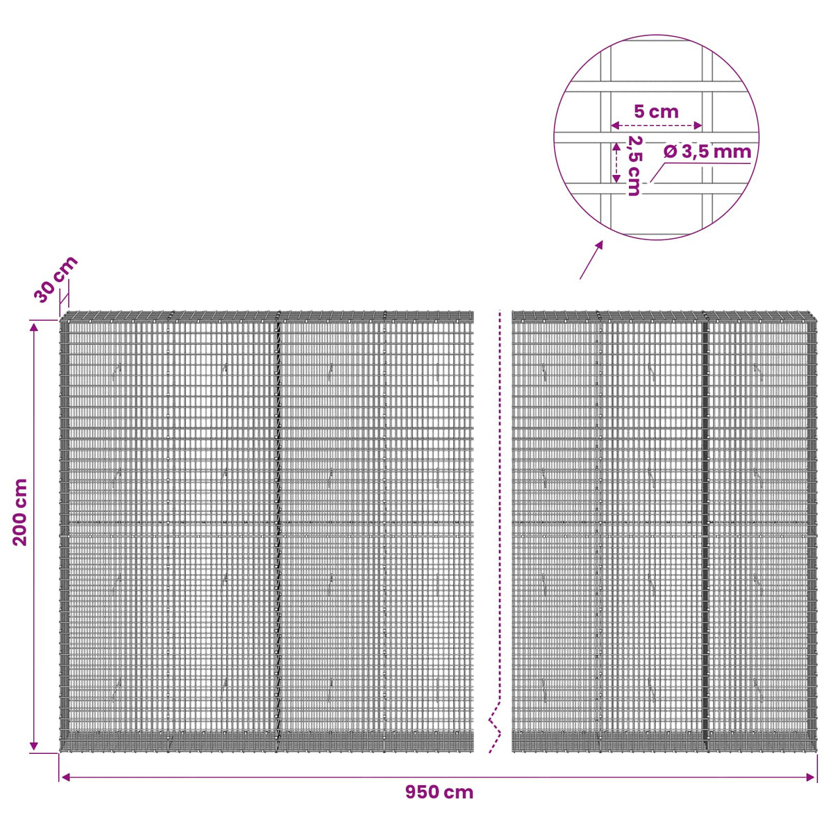 Gabionas su 3,5 mm viela ir 5x2,5 cm tinkleliu 950x30x200 cm