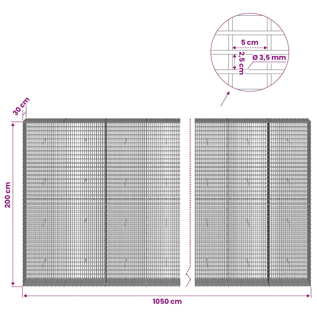 Gabionas su 3,5 mm viela ir 5x2,5 cm tinkleliu 1050x30x200 cm