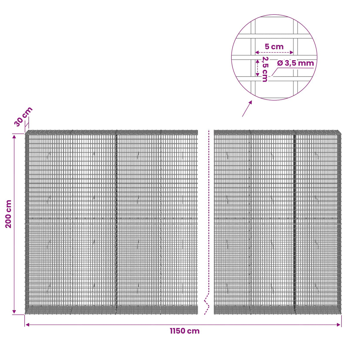 Gabionas su 3,5 mm viela ir 5x2,5 cm tinkleliu 1150x30x200 cm