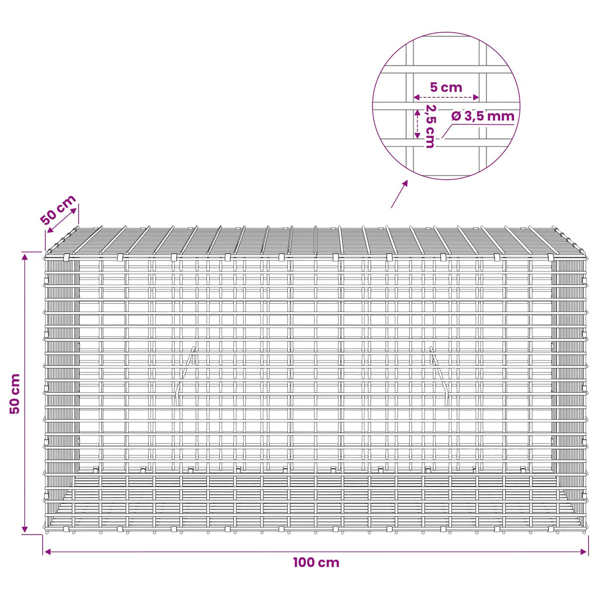 Gabionas su 3,5 mm viela ir 5x2,5 cm tinkleliu 100x50x50 cm