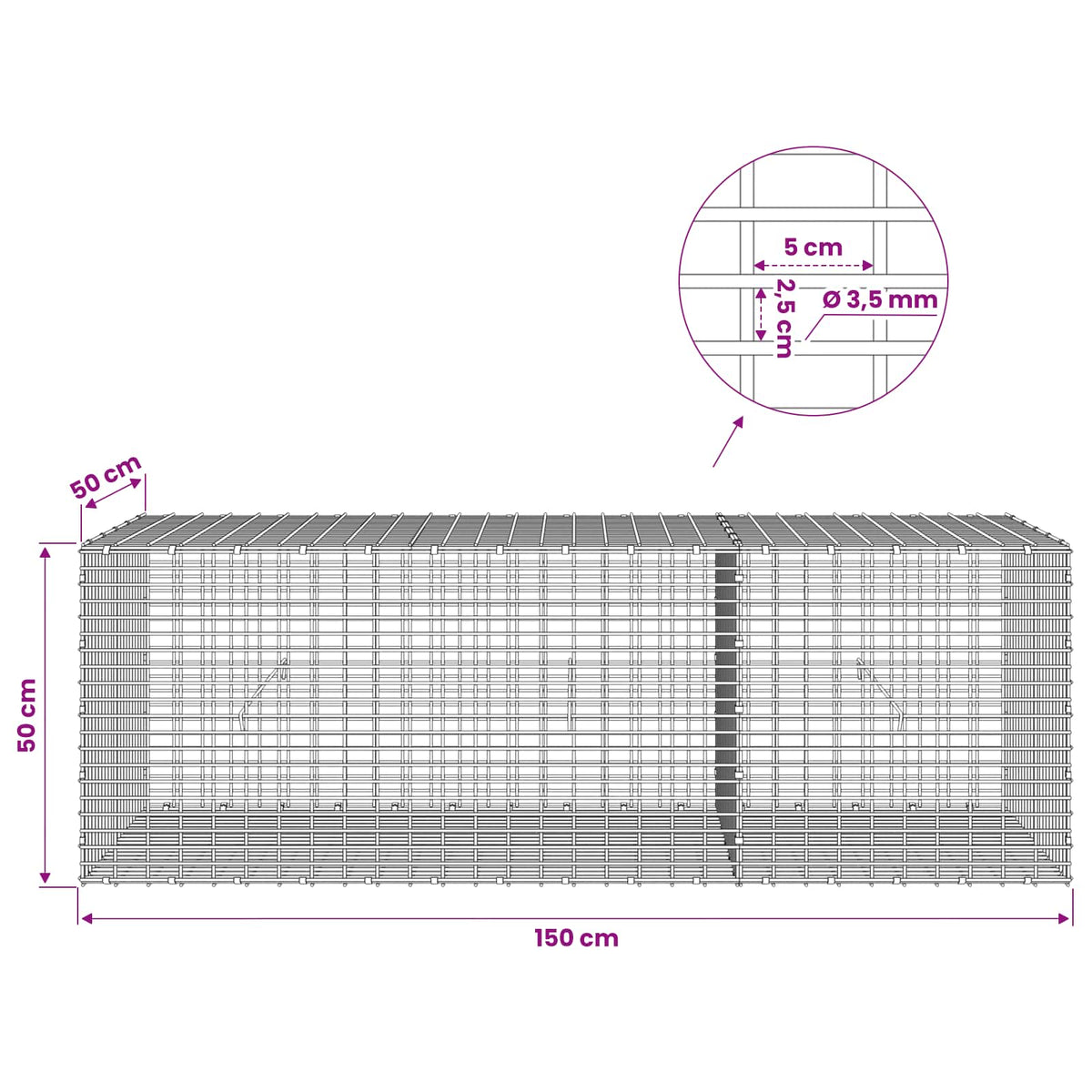 Gabionas su 3,5 mm viela ir 5x2,5 cm tinkleliu 150x50x50 cm