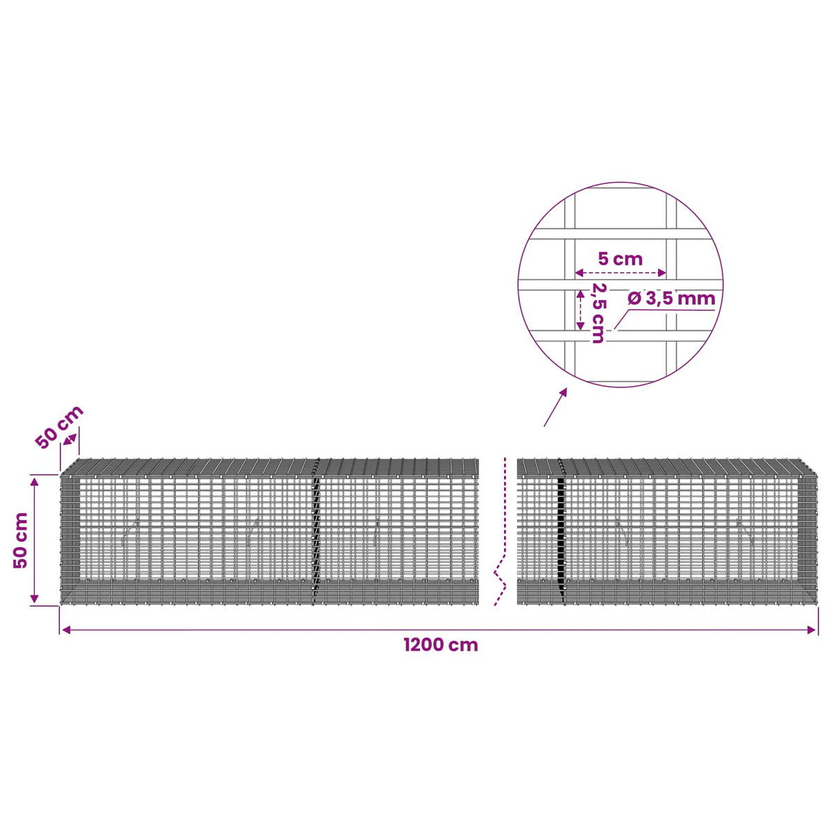 Gabionas su 3,5 mm viela ir 5x2,5 cm tinkleliu 1200x50x50 cm