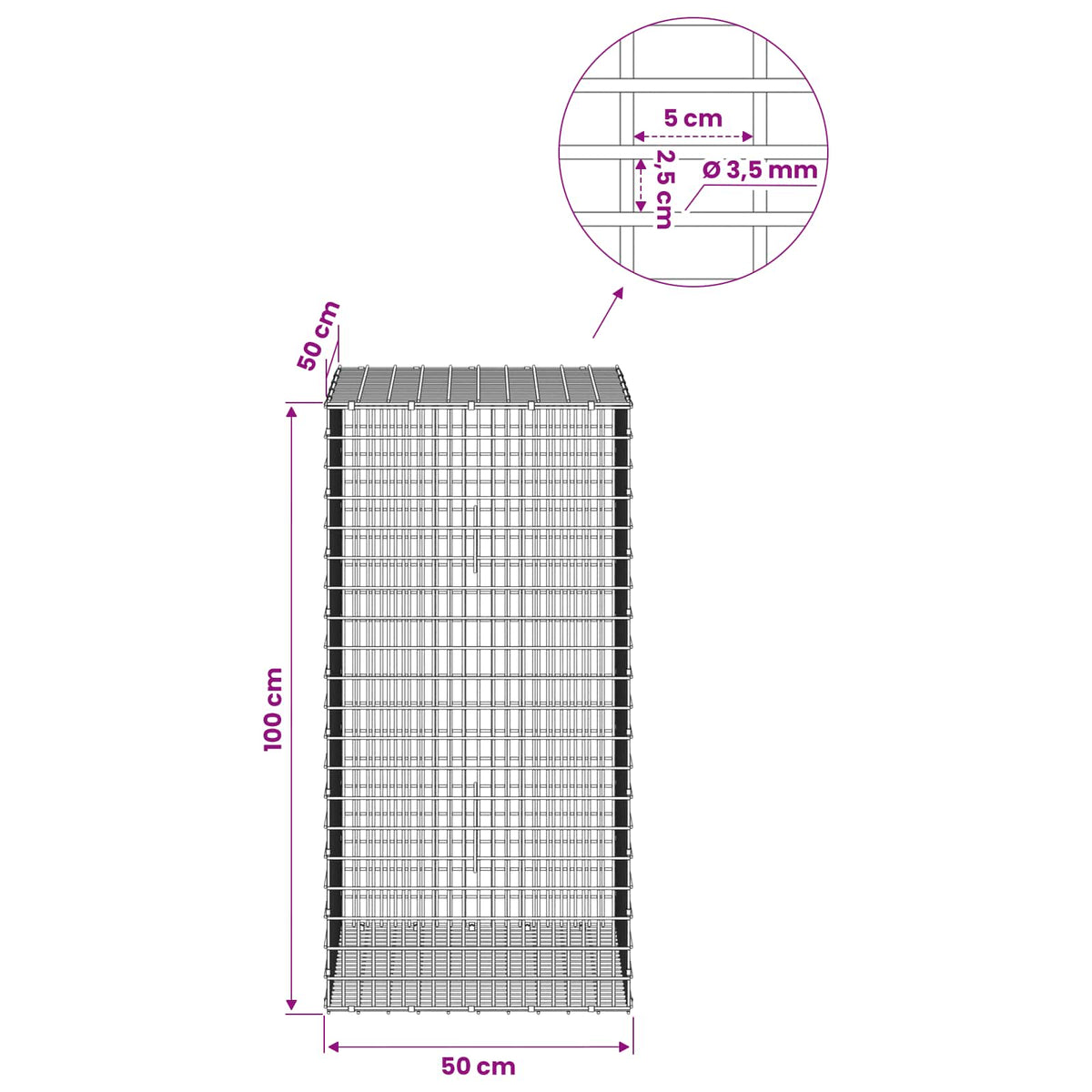 Gabionas su 3,5 mm viela ir 5x2,5 cm tinkleliu 50x50x100 cm