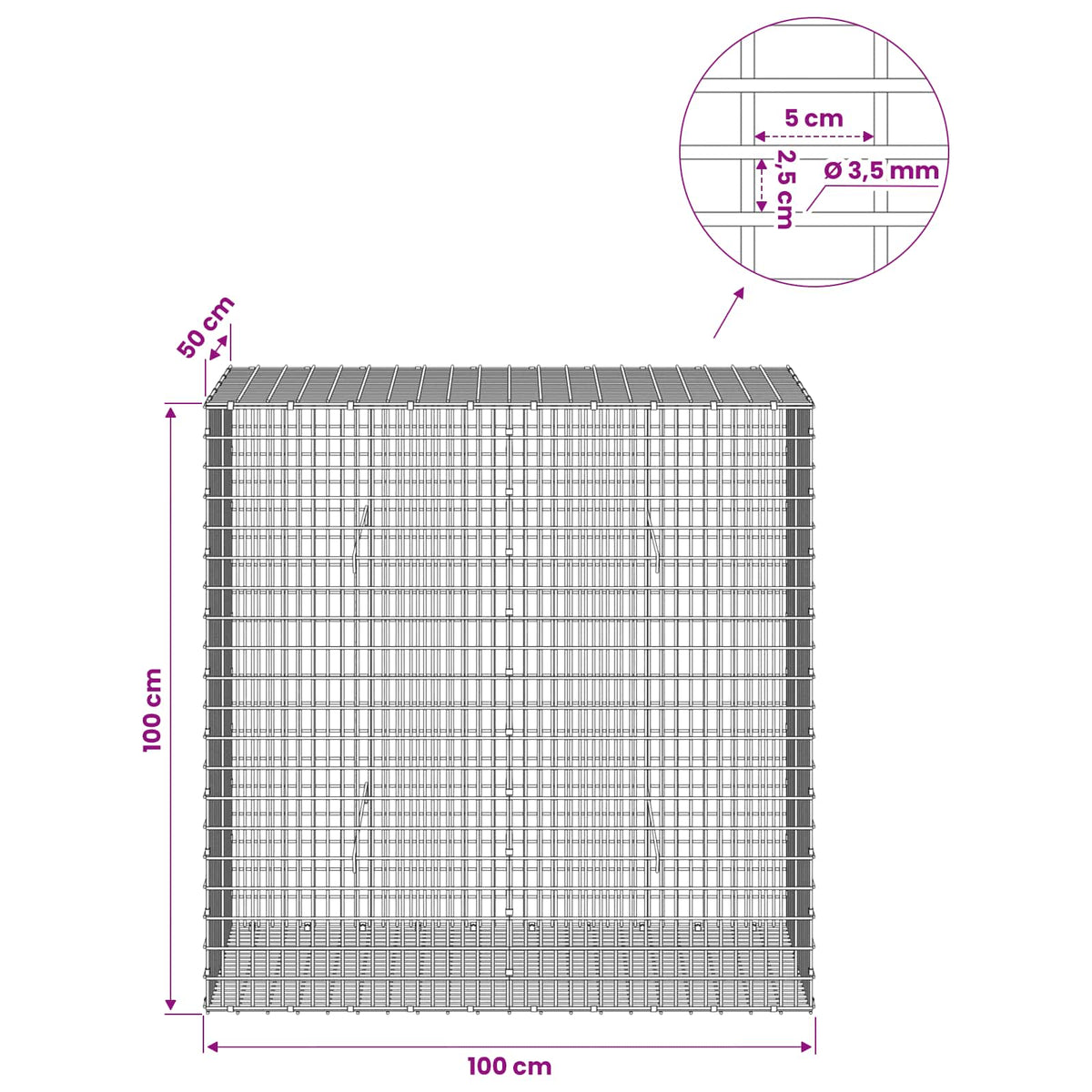 Gabionas su 3,5 mm viela ir 5x2,5 cm tinkleliu 100x50x100 cm