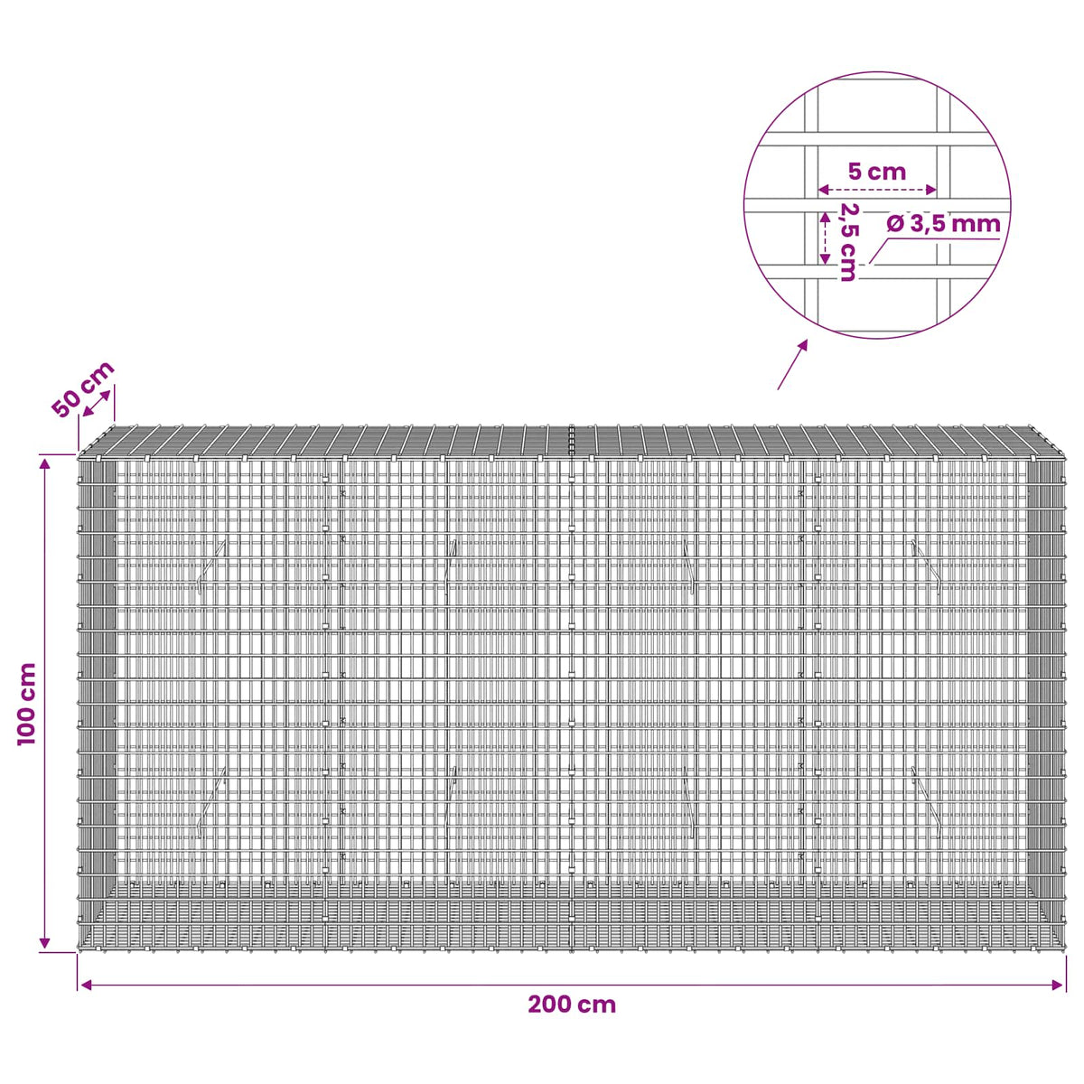 Gabionas su 3,5 mm viela ir 5x2,5 cm tinkleliu 200x50x100 cm
