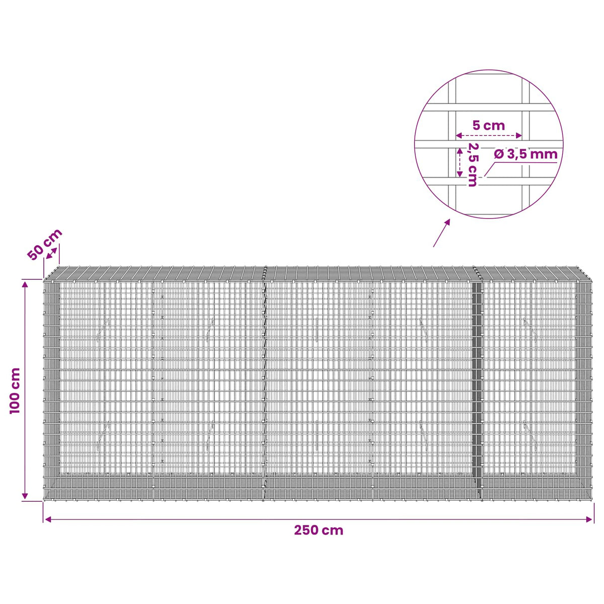 Gabionas su 3,5 mm viela ir 5x2,5 cm tinkleliu 250x50x100 cm