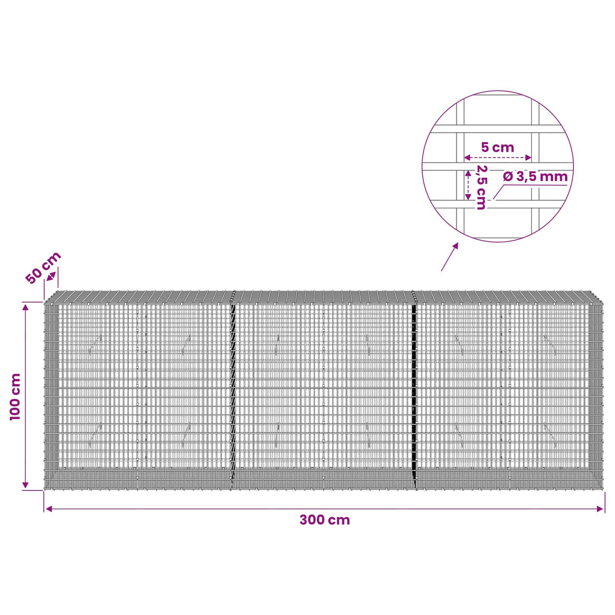 Gabionas su 3,5 mm viela ir 5x2,5 cm tinkleliu 300x50x100 cm