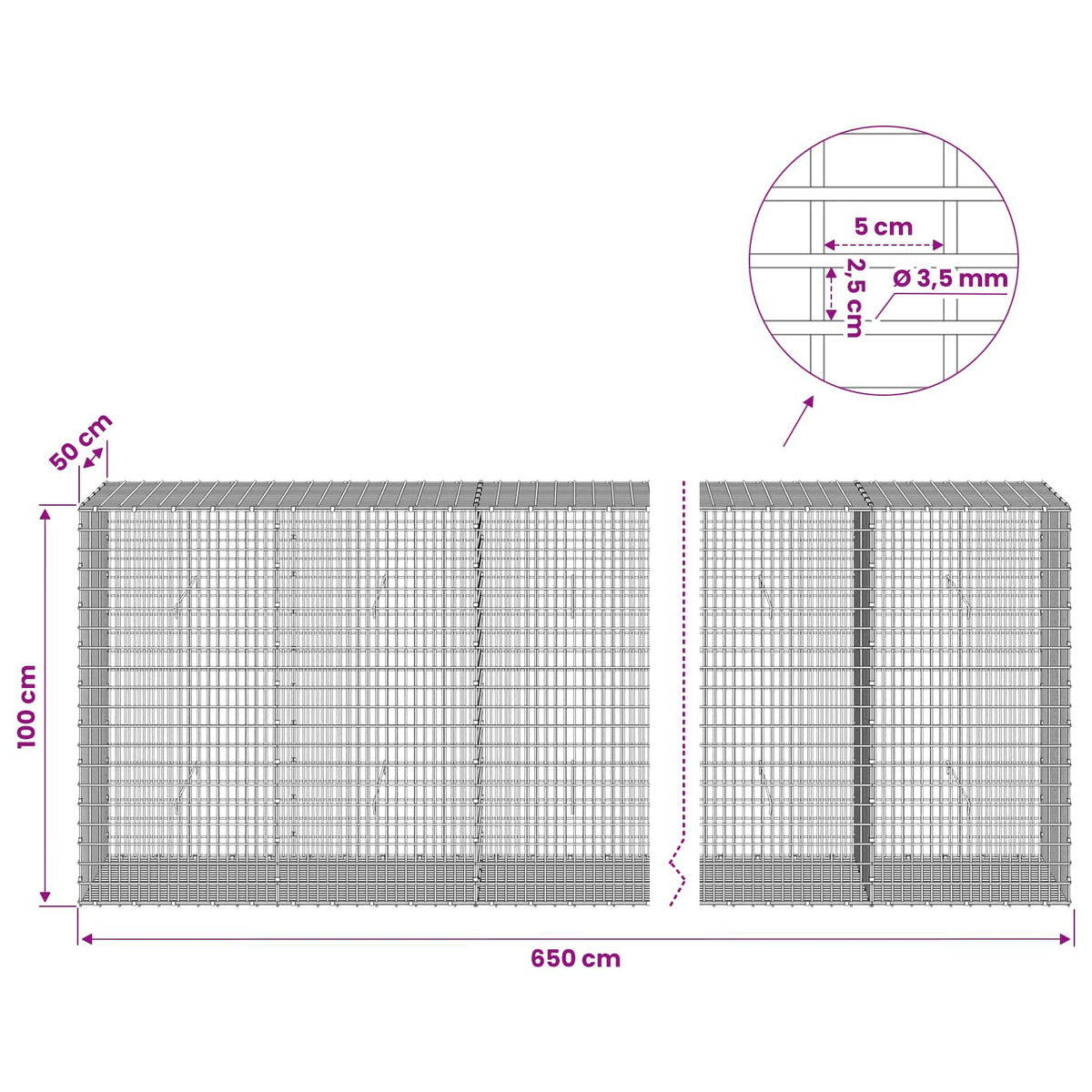 Gabionas su 3,5 mm viela ir 5x2,5 cm tinkleliu 650x50x100 cm