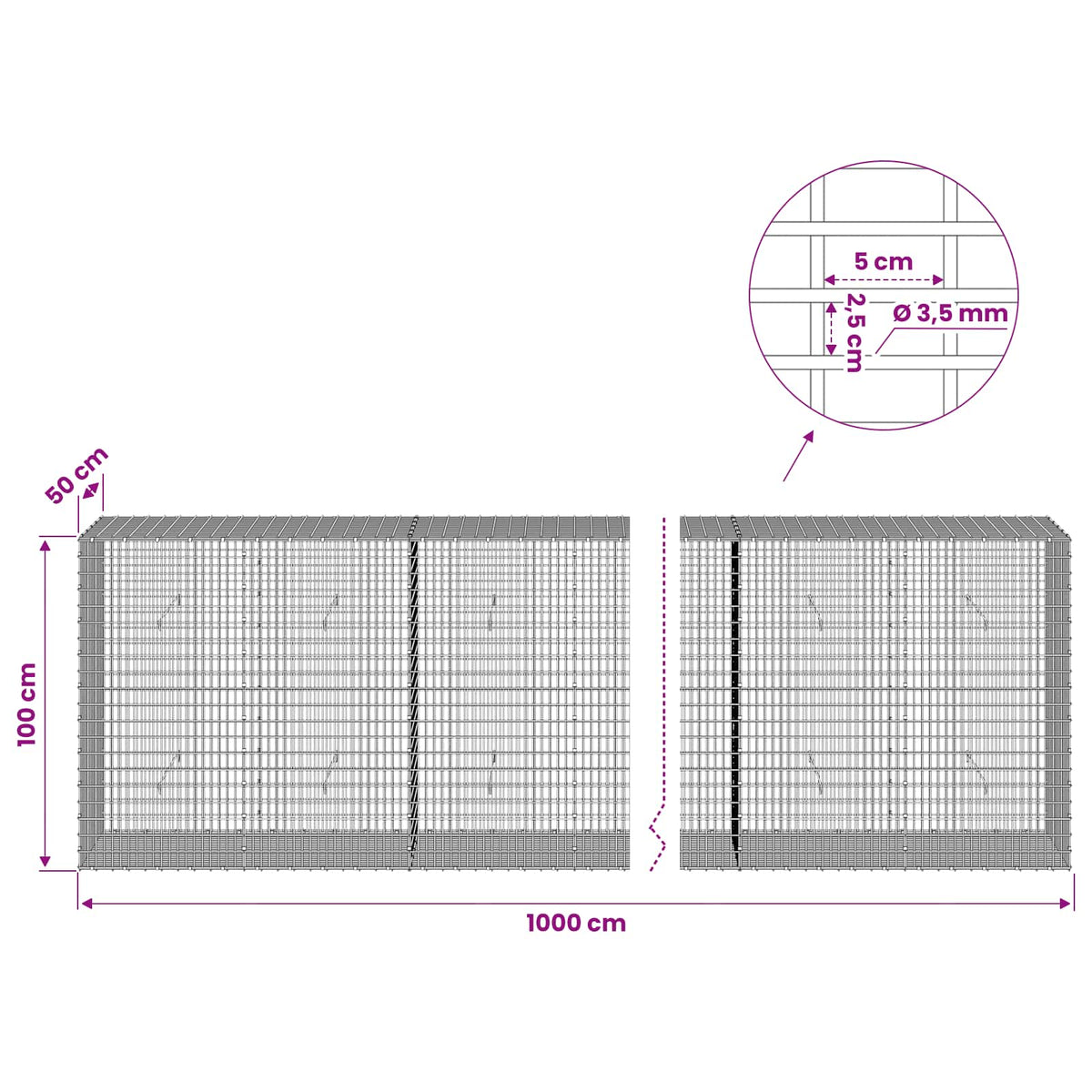Gabionas su 3,5 mm viela ir 5x2,5 cm tinkleliu 1000x50x100 cm