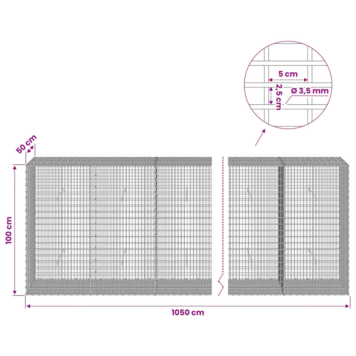 Gabionas su 3,5 mm viela ir 5x2,5 cm tinkleliu 1050x50x100 cm